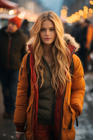 a beautiful blonde woman in an orange jacket standing in the middle of a crowded streetの素材