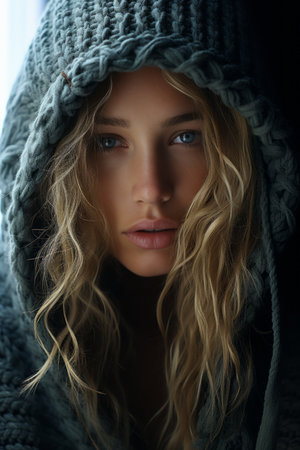 a beautiful blonde woman wearing a hooded sweaterの素材