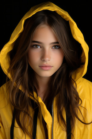 a beautiful young woman in a yellow raincoatの素材