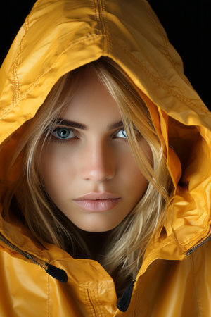 a beautiful blond woman in a yellow raincoatの素材