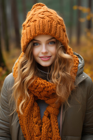 a beautiful young woman wearing an orange knitted hat and scarfの素材