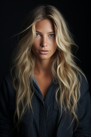 a beautiful blonde woman with long hair and blue eyesの素材