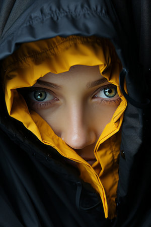 a close up of a womans face covered in a black jacketの素材