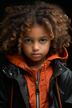 a little girl with curly hair and an orange jacketの素材