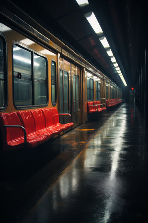a subway train with empty seatsの素材