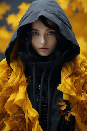a woman in a black hoodie and yellow scarfの素材