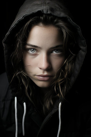 a woman in a hooded jacket looking at the cameraの素材