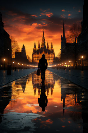 a person walking in front of a building at sunsetの素材