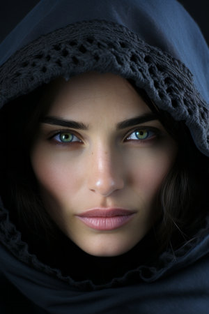 a woman in a hooded robe with green eyesの素材