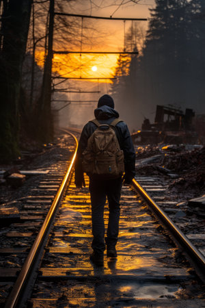 a man with a backpack walking on railroad tracks at sunsetの素材