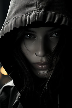 a woman in a hoodie is looking at the cameraの素材