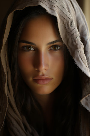 a woman in a hooded robe looking at the cameraの素材