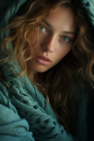 a woman is wrapped in a blue blanketの素材