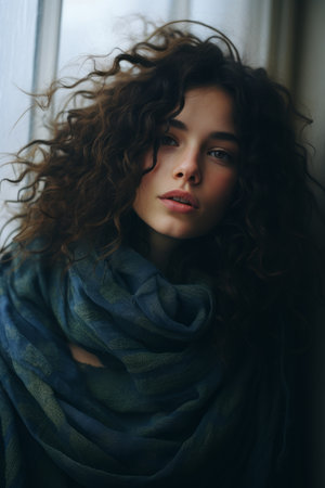 a woman with curly hair wearing a scarfの素材