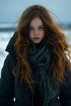 a woman with long red hair standing in the snowの素材