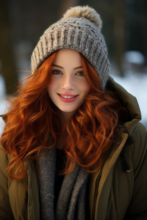 a woman with red hair and a winter hatの素材