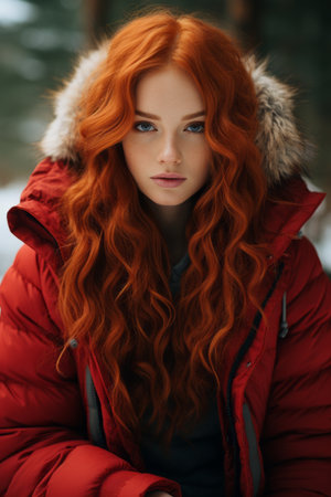 a woman with long red hair wearing a red jacketの素材