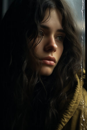 a woman with long curly hair is looking out the windowの素材