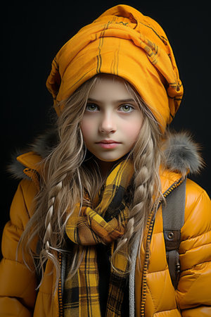 a young girl wearing a yellow coat and scarfの素材