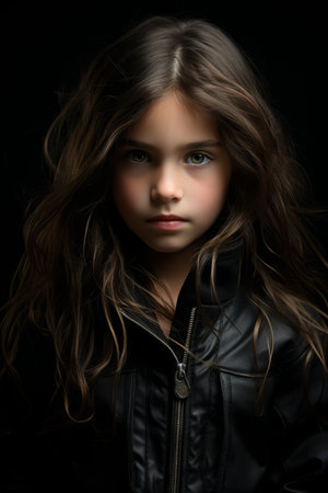 a young girl in a black leather jacketの素材