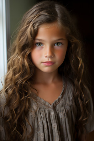 a young girl with long curly hair standing in front of a windowの素材