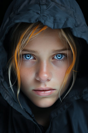 a young woman with blue eyes in a hooded jacketの素材
