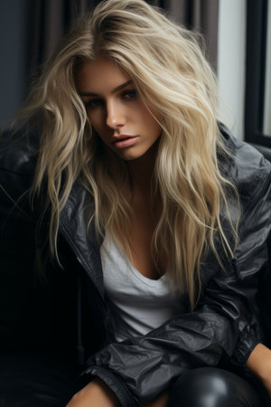 beautiful blonde woman in leather jacket sitting on a black couchの素材
