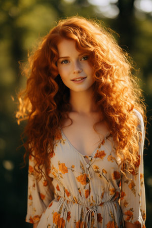 beautiful red haired woman in floral dressの素材