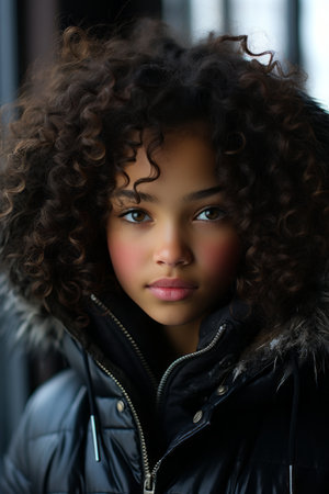 a young woman with curly hair and a black jacketの素材