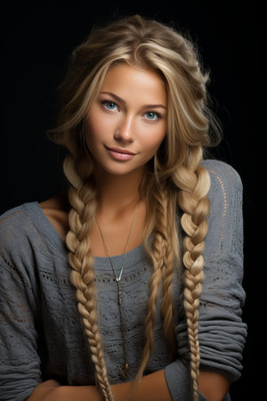beautiful blonde girl with long braids on black backgroundの素材