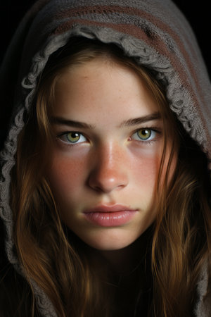 a young woman with green eyes is wearing a hooded sweatshirtの素材
