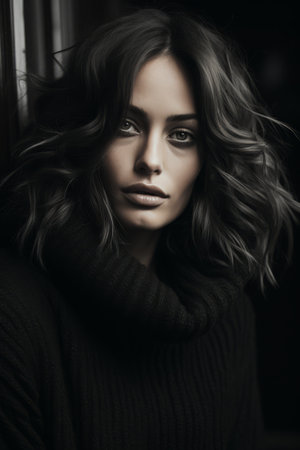 portrait of beautiful woman with dark hair in black sweaterの素材