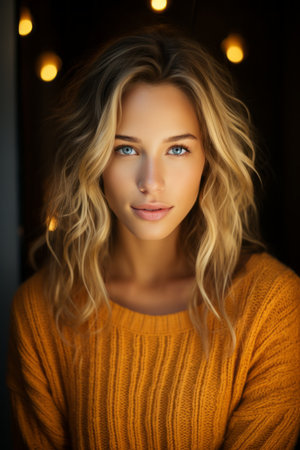 portrait of a beautiful blonde woman in an orange sweaterの素材