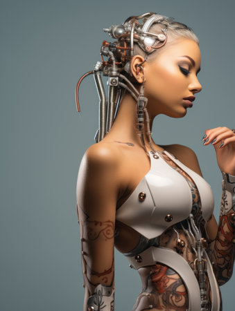 3d rendering of a beautiful woman in a futuristic outfitの素材