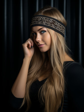 a beautiful blonde woman wearing a headband on a black backgroundの素材