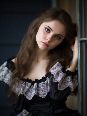 a beautiful young woman in a black dress leaning against a windowの素材
