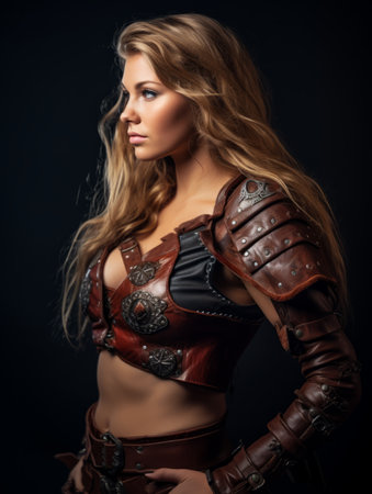 a beautiful woman in leather armor posing for the cameraの素材