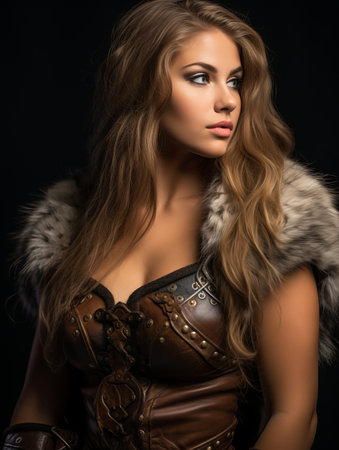 a beautiful woman in a viking costume on a black backgroundの素材