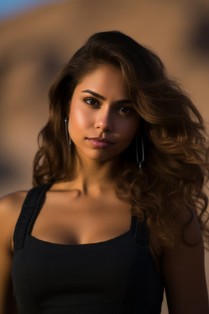 a beautiful woman in a black top standing in the desertの素材