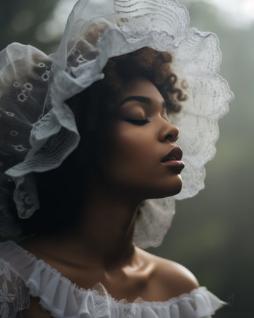 a beautiful woman in a white hat with her eyes closedの素材