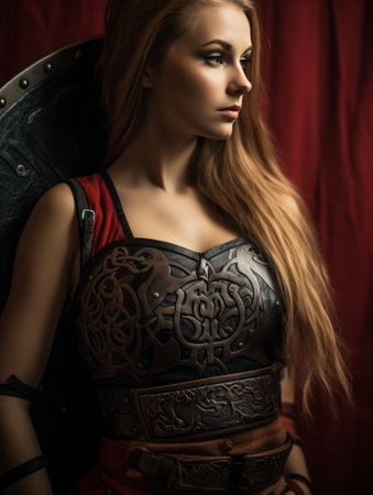 a beautiful woman with long red hair wearing a viking costumeの素材
