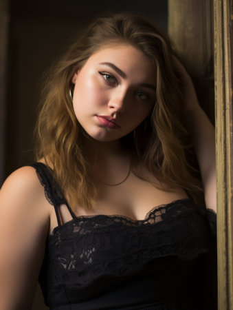 a beautiful young woman in a black dress posing for a photoの素材