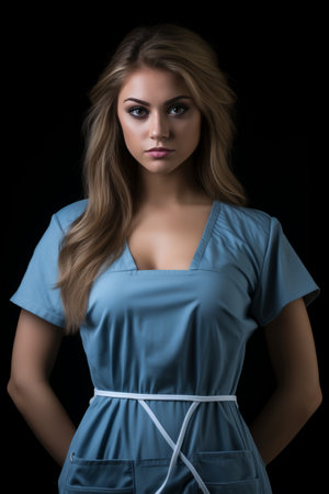 a beautiful young woman in a blue scrub suit standing in front of a black backgroundの素材