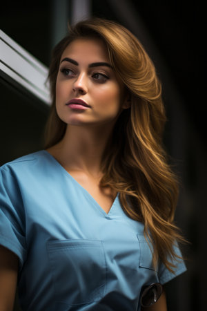 a beautiful young woman in a blue scrub suitの素材