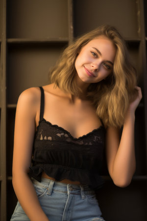 a beautiful young woman in a black top and denim shortsの素材