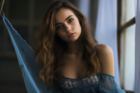 a beautiful young woman in a blue dressの素材