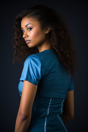 a beautiful young woman in a blue shirtの素材