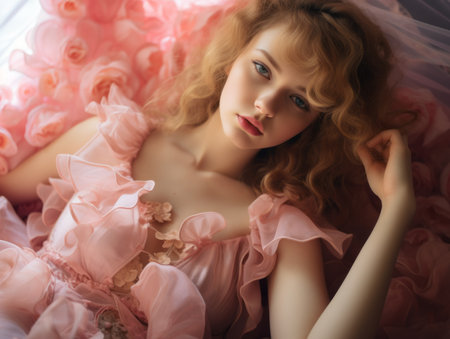 a beautiful young woman in a pink dress laying on a bedの素材