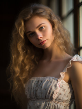 a beautiful young woman in a dress standing by a windowの素材