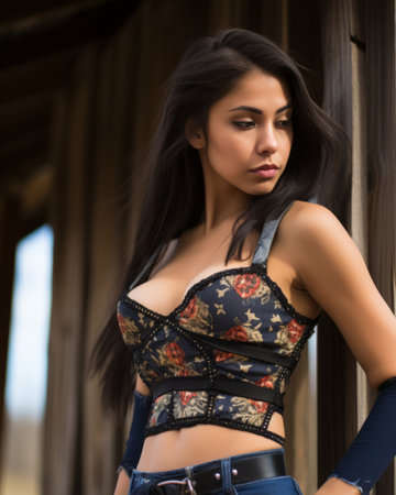 a beautiful young woman in a floral corset and blue jeansの素材